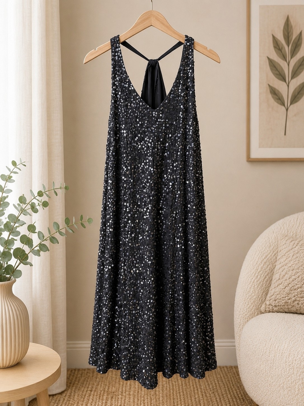 Eileen Fisher Black Sequin V-Neck Mini Dress